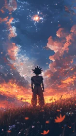 Stargazing warrior beneath a storm of ember-brushed clouds.