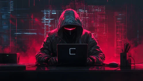 Hacker in dark hoodie at laptop in neon red cyber setting.