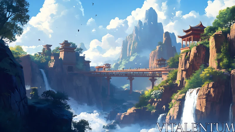 Mountain temple bridge spans misty waterfalls in stylized light