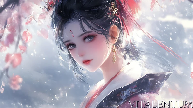 Blossom-veiled moonlit maiden in drifting sakura snow.