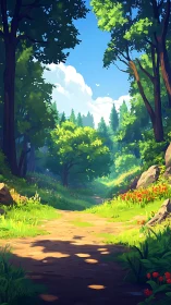 Forest Pathway with Luminous Canopy Filtering Through Dense Woodland Structure.