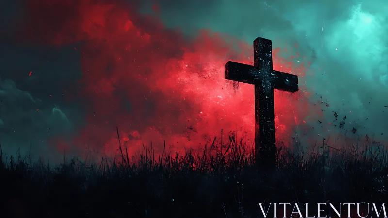 Dark cross silhouette against red and teal storm clouds.