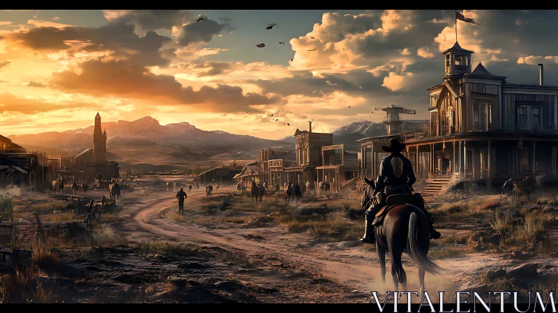 Dust-lit gunslinger rides into a restless frontier town.