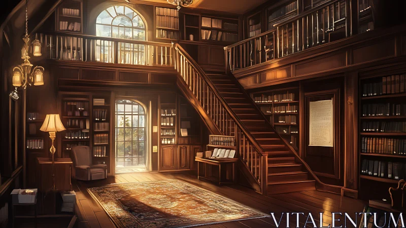 Digital painting of sunlit mahogany mezzanine library interior.