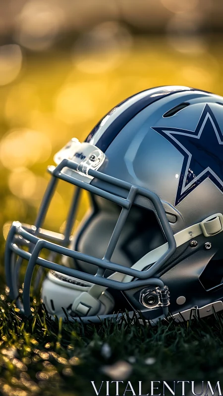 Silver football helmet with blue star on grass at sunset.