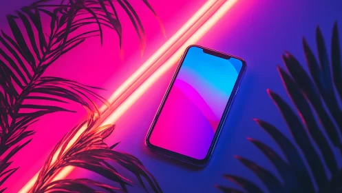 Smartphone on neon lit surface with tropical leaves around.