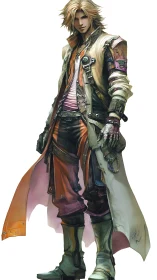 Rugged fantasy adventurer stands ready in layered battle coat