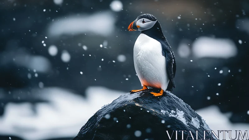 Puffin perched on snowy rock in winter, realistic wildlife photo.