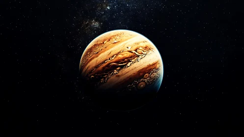 Storm-sculpted gas giant pirouettes alone in jeweled space