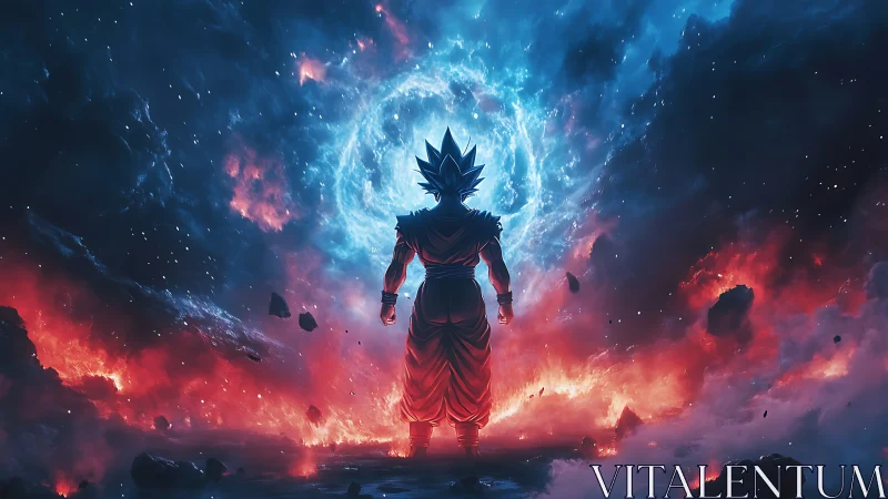 Starlit warrior ignites cosmic storm between fire and frost.