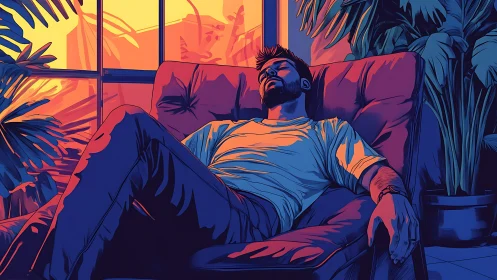 Man rests in lounge chair under sunset window light