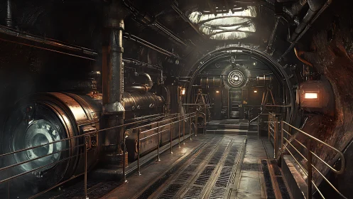 Industrial tunnel corridor with pipes and machinery interior.