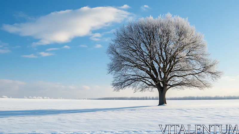 Solitary frosted tree standing in a wide snowy field.