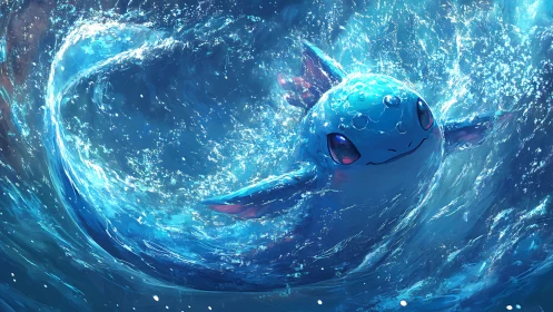 Playful aquatic creature surfing luminous ocean waves.