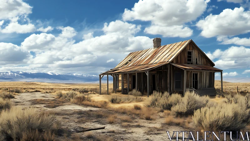 Weathered wooden homestead in arid plain under cumulus sky