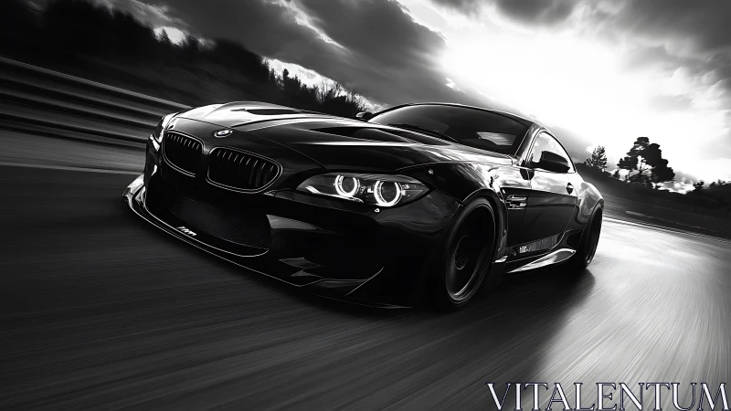 Sleek black sports coupe races through dramatic sunset track.