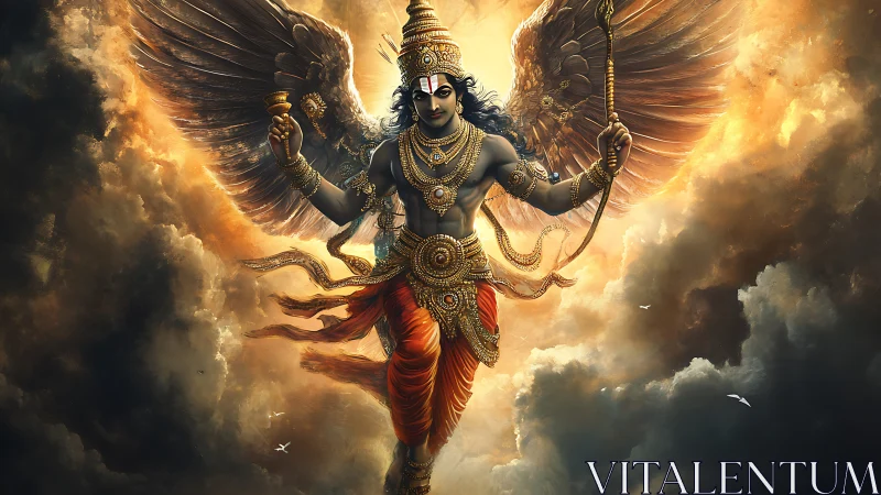 Winged sky guardian cuts through stormlit golden clouds