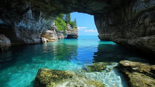Coastal rock arch framing clear turquoise inlet water.
