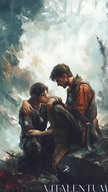 Two seated figures in rugged terrain under diffuse sky.