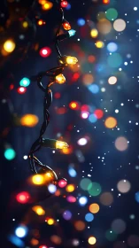 Colorful holiday string lights glow softly in the night air