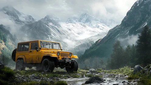 Sunny yellow off road jeep resting in misty alpine valley.