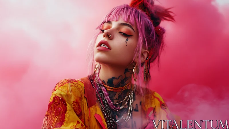 Photorealistic neon portrait with pink vapor field composition.