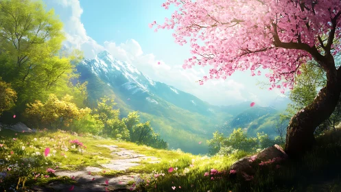 Springtime valley path beneath a glowing cherry blossom tree.