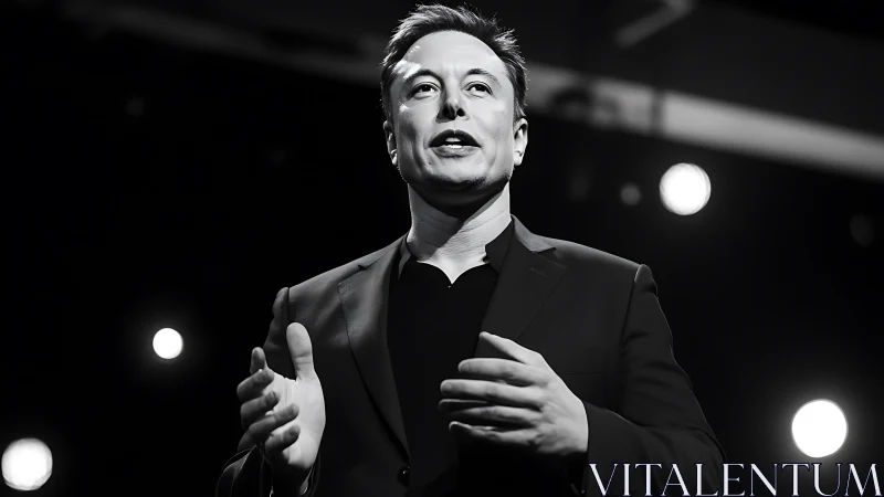 Person in dark suit speaks onstage under round stage lights