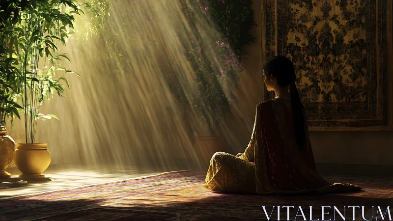 Radiant volumetric sunbeams over seated figure in ornate interior.