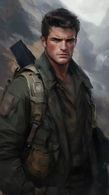 Battle-hardened ranger stands watch in cold mountain pass.