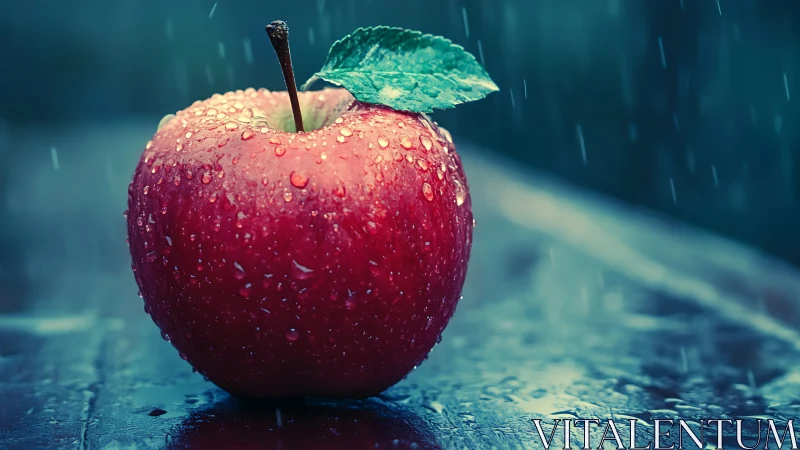 Red apple with surface water droplets on wet dark table.