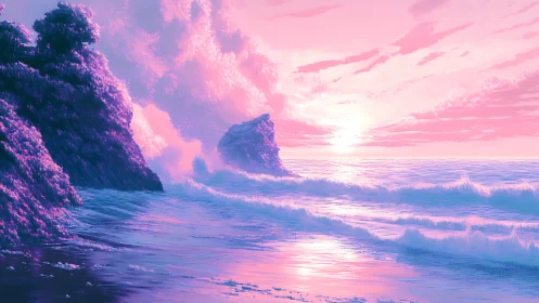 Neon dusk coastal seascape with waves and silhouetted cliffs