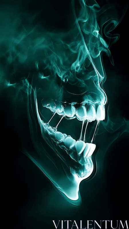 Luminous teal smoke forming a partial human skull profile.
