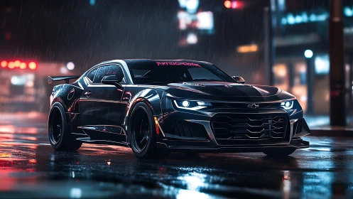 Black Camaro muscle car under neon rainlit city streets.