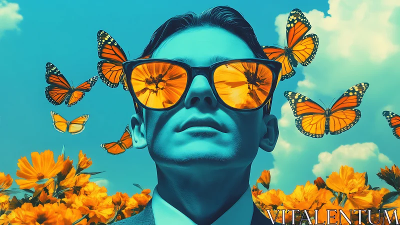 Surreal cyan portrait with mirrored floral glasses and butterflies