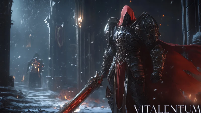 Dark armored warlord stalks a frozen, flame-lit citadel