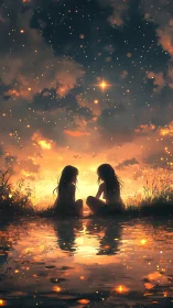 Digital painting of dusk river reflections with starglow silhouettes.