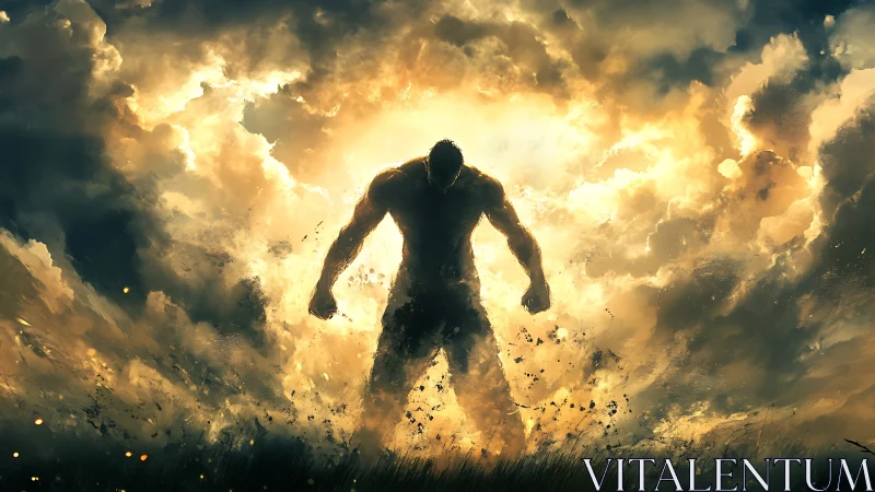 Colossal figure emerges from blazing clouds at golden dusk