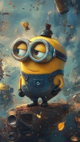 Melancholy yellow robot surveys a chaotic scrapyard sky.