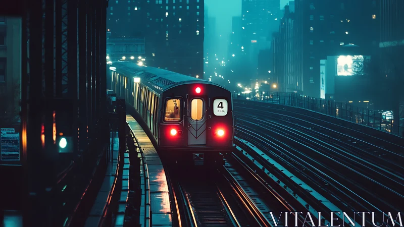 Subway train on elevated tracks in foggy city night scene.