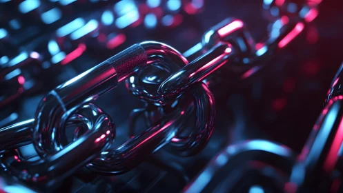 Close-up of Metallic Chain Links with Neon Lighting, Modern Style.