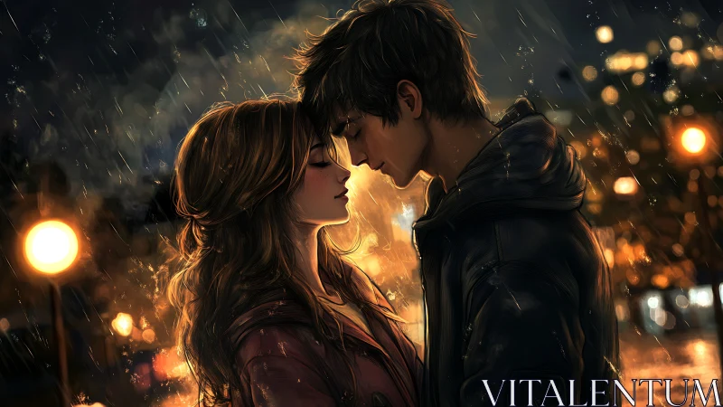 Rainy Evening Romance: Two Souls Beneath Glowing Streetlights