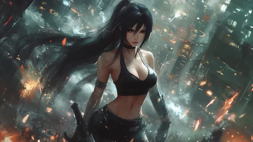 Cyberpunk warrior stands amid burning neon city ruins