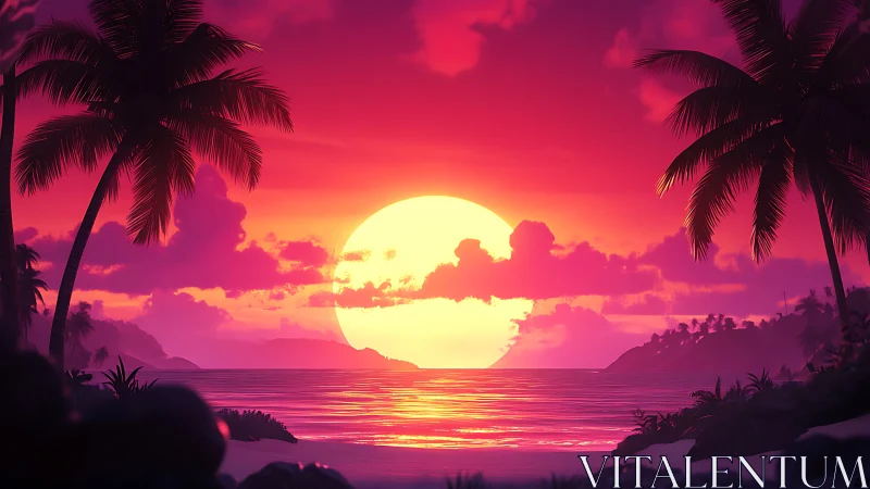 Hyper-saturated tropical sunset with silhouetted palms and volumetric clouds