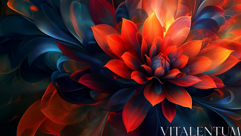 Luminous abstract flower bloom in vivid red and teal light.