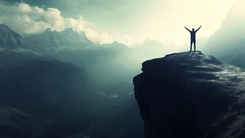 Silhouetted hiker celebrates at sunrise on a misty mountain cliff
