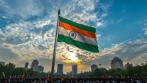 Indian national flag dominates urban skyline at sunset