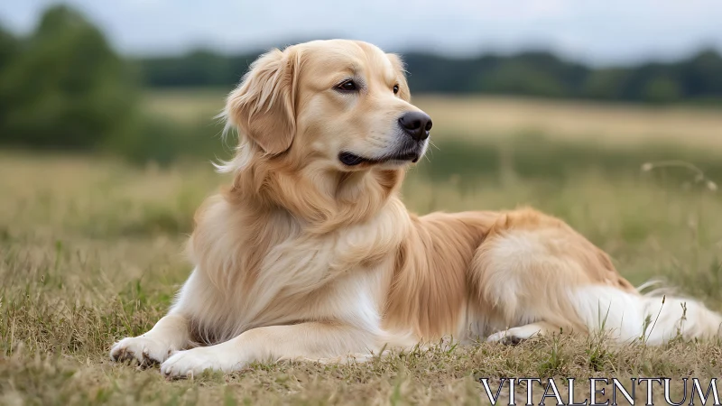 Golden retriever resting in soft-focus countryside field.