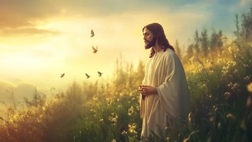 Gentle figure in prayerful sunrise meadow of quiet hope.