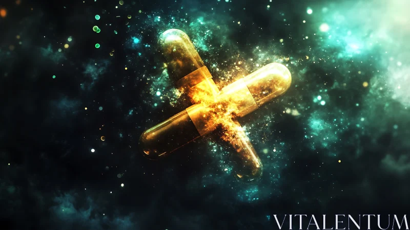 Glowing golden capsules cross through a vivid cosmic nebula